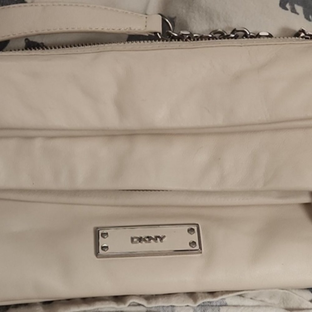 DKNY Cream Faux Leather Foldover Clutch